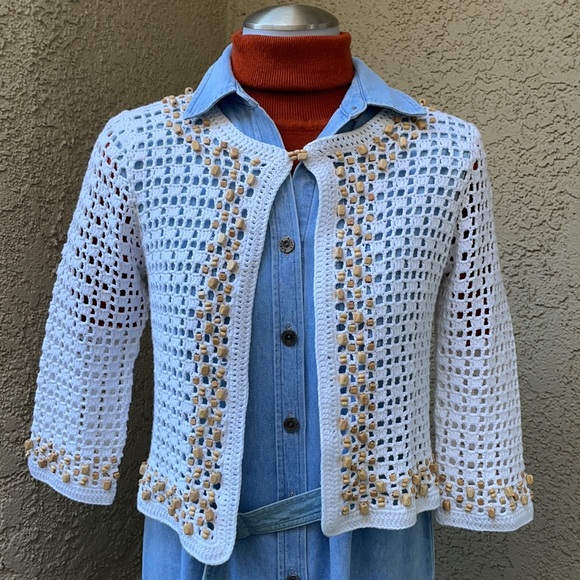Vintage Sweaters - Vintage white Escapade cotton crochet cardigan